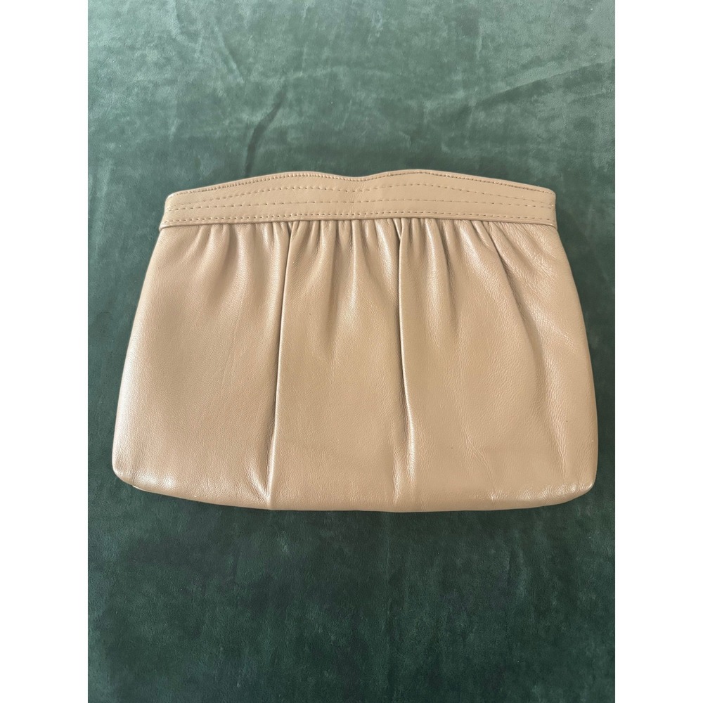 Vintage Clutch Bag Small‎ Tan Leather Pleated Hidden Chain Crossbody Minimal 80s